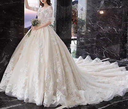 Women Luxury Appliques Wedding Dresses Long V-Neck Bridal Gowns YWD038