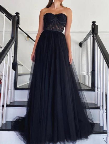 Women Black Tulle Lace Prom Dresses Long Sweetheart Evening Gowns Formal Party Dress YPD408