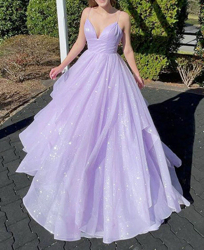 Women Tulle Prom Dresses Long V-Neck Evening Gowns Sleeveless Formal Party Dress YPD913