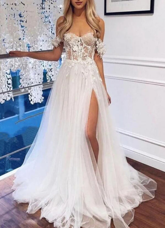 Women Lace Appliques Wedding Dresses Long Off Shoulder Bridal Gowns YWD085