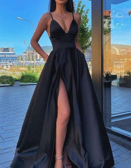 Women Satin Prom Dresses Long Side Slit Evening Gowns Sleeveless Formal Party Dress YPD903