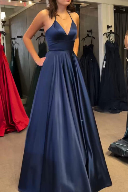 Women V-Neck Prom Dresses Long Satin Evening Gowns Lace Up Formal Party Dress YPD888