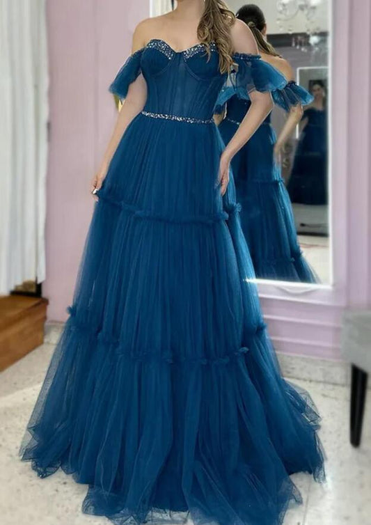 Women Tulle Beaded Prom Dresses Long Off Shoulder Evening Gowns Formal Party Dress YPD365
