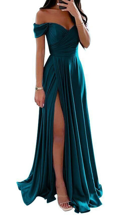 Women Off the Shoulder Slit Bridesmaid Dresses Long V-Neck Wedding Party Gowns YBD068