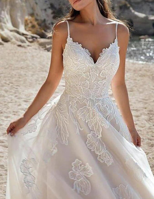 Women Lace Appliques Wedding Dresses Long V-Neck Bridal Gowns YWD083