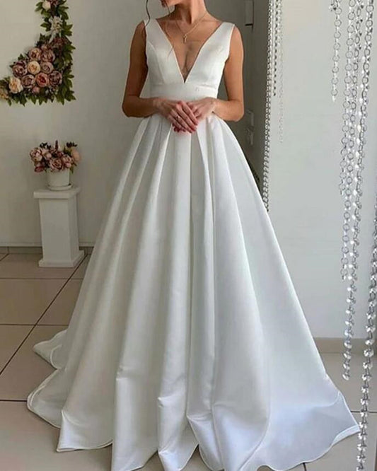 Women Satin Wedding Dresses Long V-Neck Bridal Gowns YWD105