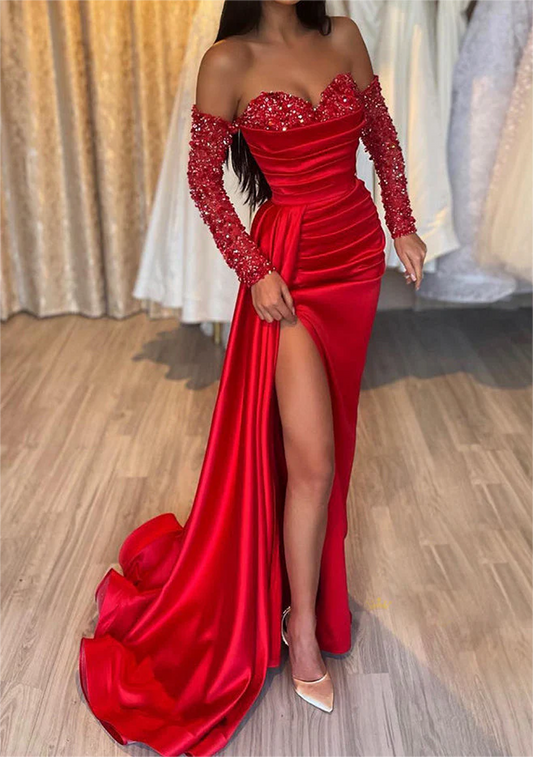 Women High Side Slit Prom Dresses Long Red Evening Gowns Beaded Sweetheart Formal Party Dress YPD710