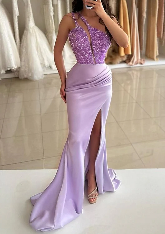 Women Sequined One Shoulder Prom Dresses Long Side Slit Evening Gowns Mermaid Formal Party Dress YPD714