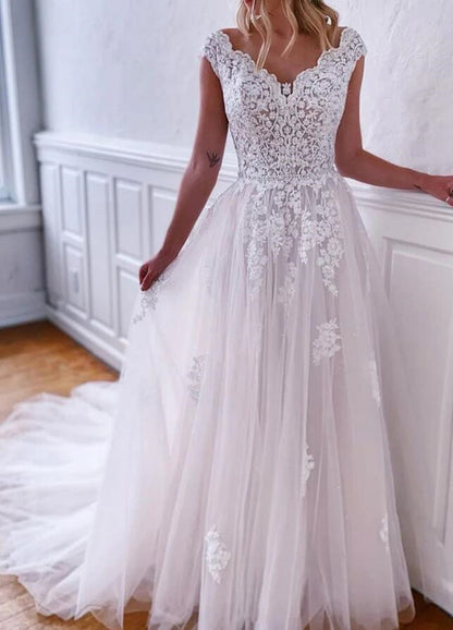 Women Lace Appliques Wedding Dresses Long V-Neck Bridal Gowns YWD094