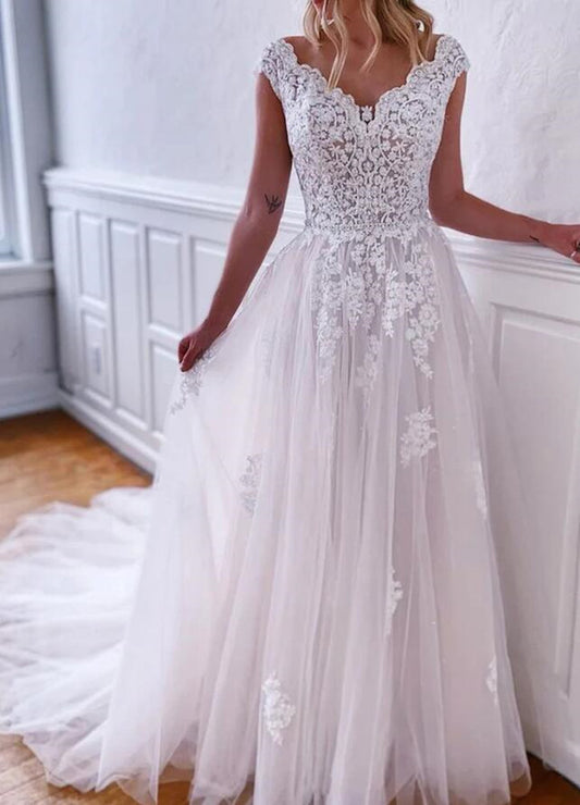 Women Lace Appliques Wedding Dresses Long V-Neck Bridal Gowns YWD094