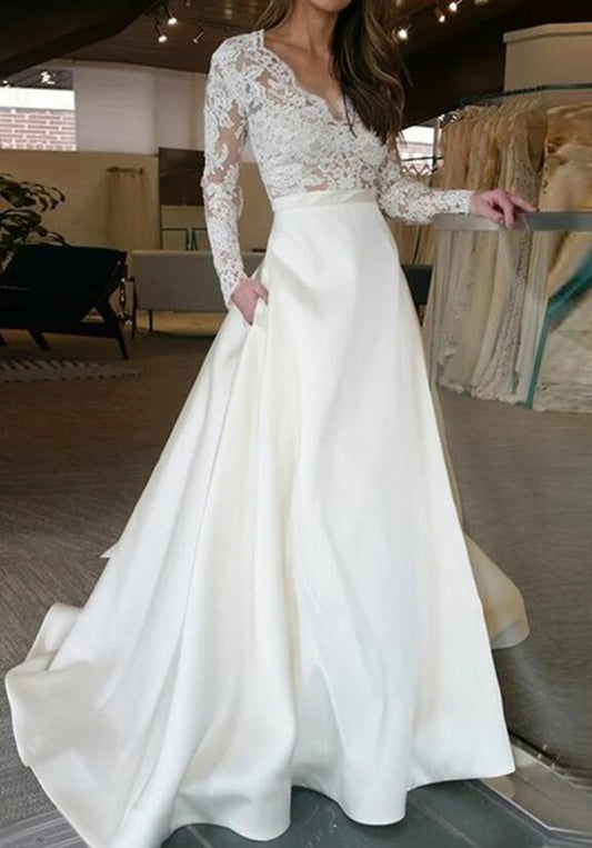 Women Satin Lace Wedding Dresses Long Sleeves Bridal Gowns YWD107