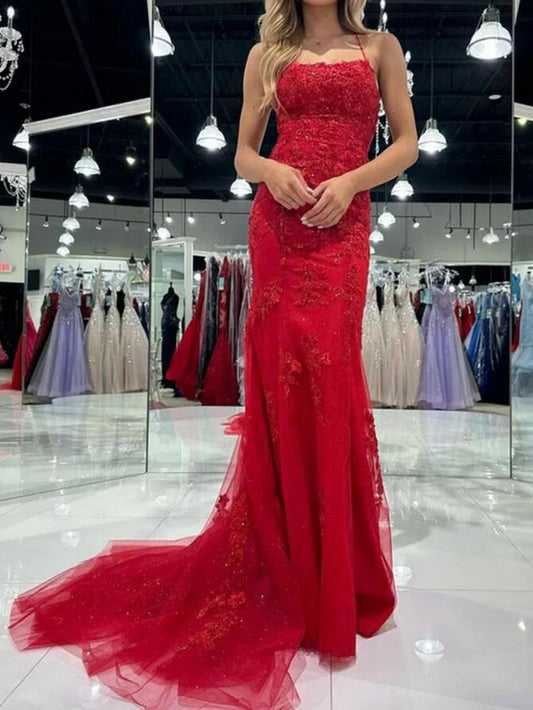 Women Red Appliques Prom Dresses Long Mermaid Evening Gowns Formal Party Dress YPD362