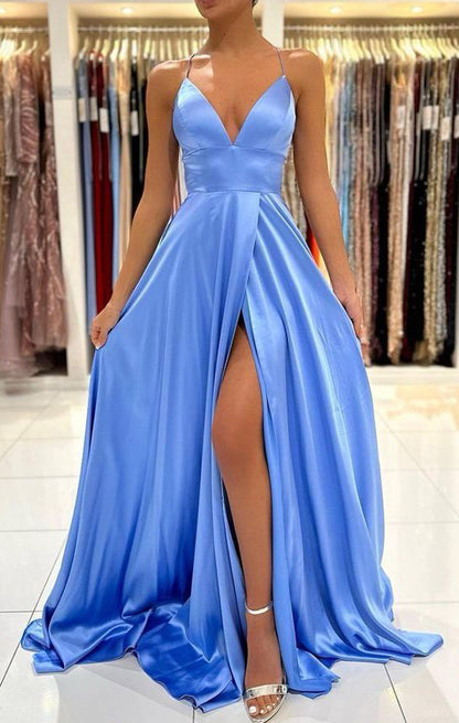 Women Slit Satin Formal Prom Dresses Long V-Neck Evening Party Gowns YPD962