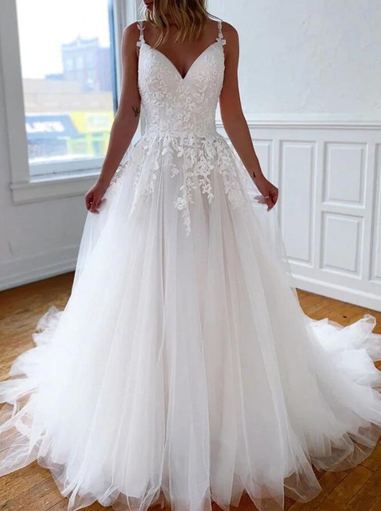 Women Lace Appliques Wedding Dresses Long V-Neck Bridal Gowns YWD096