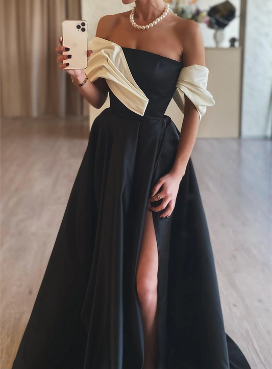 Women Off Shoulder Black Prom Dresses Long Side Slit Evening Gowns Simple Formal Party Dress YPD717