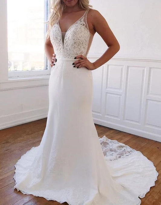 Women Lace Appliques Wedding Dresses Long V-Neck Bridal Gowns YWD100