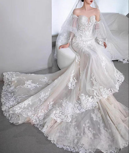 Women Mermaid Lace Wedding Dresses Long Appliques Bridal Gowns YWD051