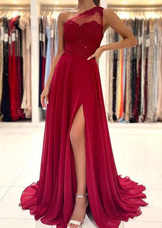 Women Chiffon Lace Prom Dresses Long Side Slit Evening Gowns Formal Party Dress YPD359