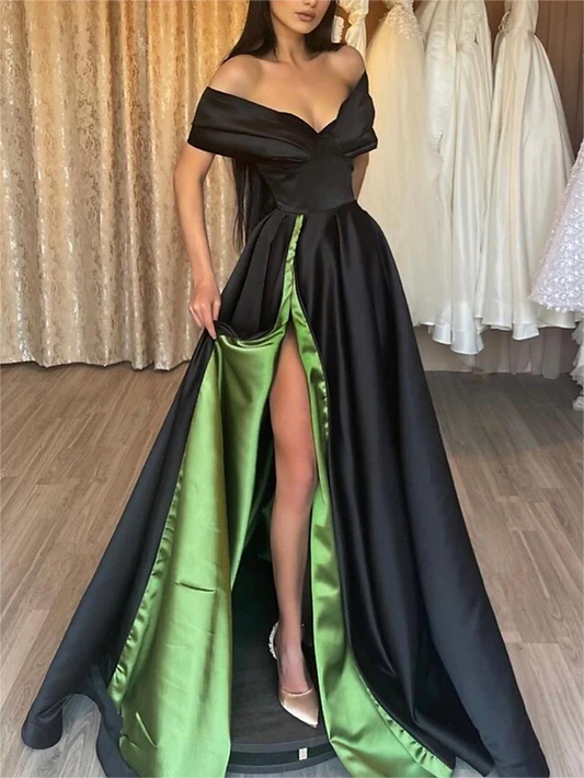 Women Off Shoulder Black Prom Dresses Long Side Slit Evening Gowns Simple Formal Party Dress YPD718