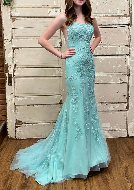 Women Mermaid Lace Prom Dresses Long Appliques Evening Party Dress YPD069