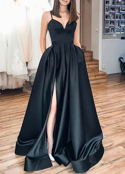 Women V-Neck Satin Formal Prom Dresses Long Sleeveless Slit Evening Party Gowns YPD984