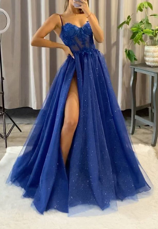 Women Slit Lace Formal Prom Dresses Long Sleeveless Evening Party Gowns YPD957