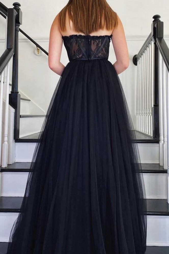 Women Black Tulle Lace Prom Dresses Long Sweetheart Evening Gowns Formal Party Dress YPD408