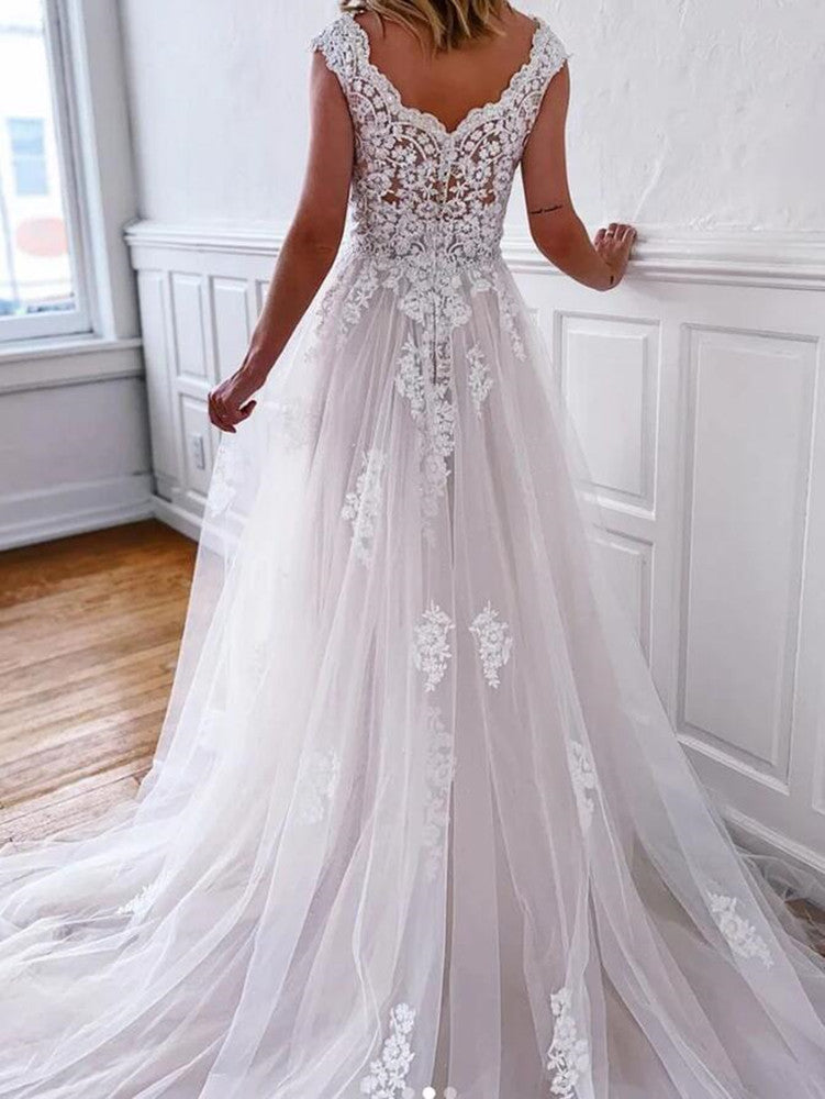 Women Lace Appliques Wedding Dresses Long V-Neck Bridal Gowns YWD094