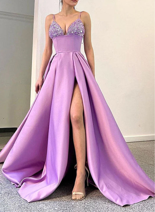 Women Slit Satin Formal Prom Dresses Long Beads Evening Party Gowns YPD948