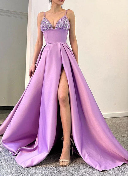 Women Slit Satin Formal Prom Dresses Long Beads Evening Party Gowns YPD948
