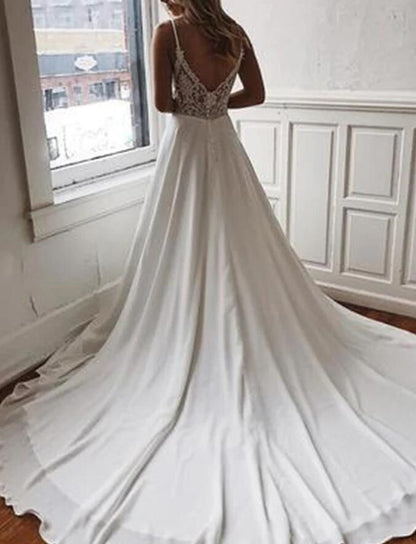 Women Lace Appliques Wedding Dresses Long V-Neck Bridal Gowns YWD098