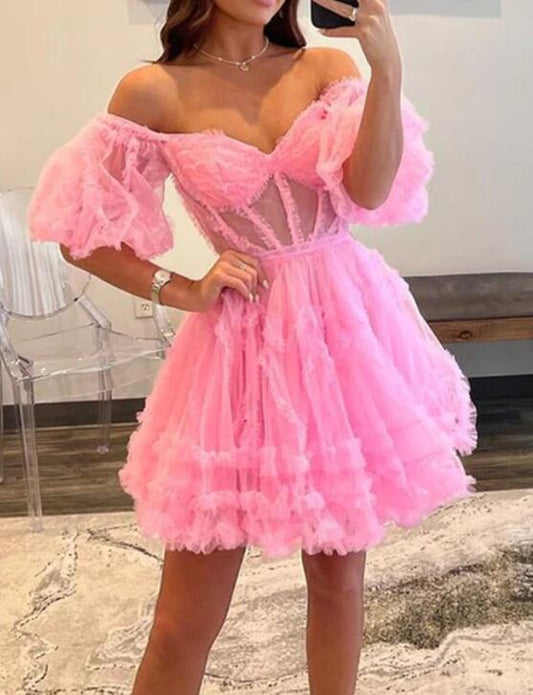 Women Tulle Prom Dresses Short Cocktail Gowns Girls V-Neck Homecoming Dresses Short Graduation Dress YHD237