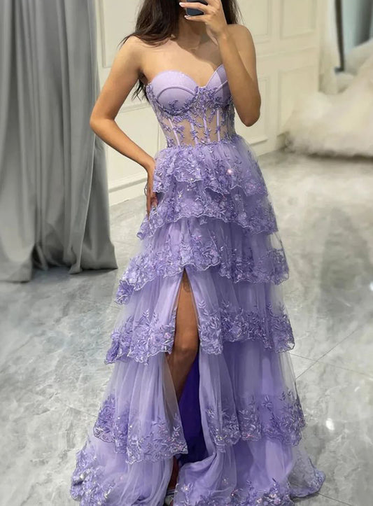 Women Sweetheart Lace Prom Dresses Long Appliques Evening Gowns Layered Lace Formal Party Dress YPD867