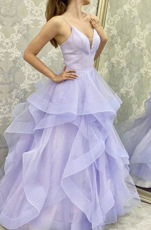 Women Tulle Prom Dresses Long V-Neck Evening Gowns Sleeveless Formal Party Dress YPD924