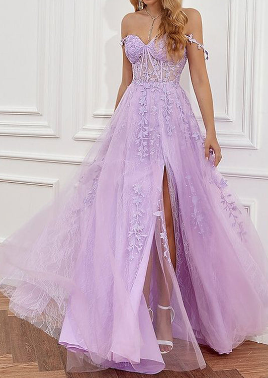 Women Slit Lace Formal Prom Dresses Long Sleeveless Appliques Evening Party Gowns YPD985