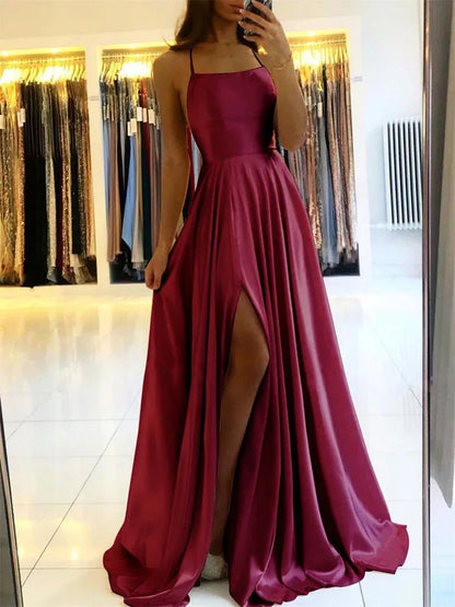 Women Slit Satin Formal Prom Dresses Long Sleeveless Evening Party Gowns YPD975