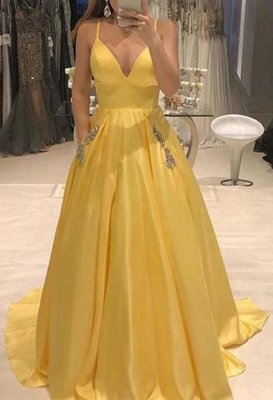 Women Satin Prom Dresses Long V-Neck Evening Gowns Sleeveless Formal Party Dress YPD929