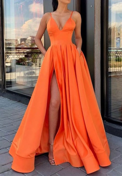 Women Slit Satin Formal Prom Dresses Long Sleeveless V-Neck Evening Party Gowns YPD976