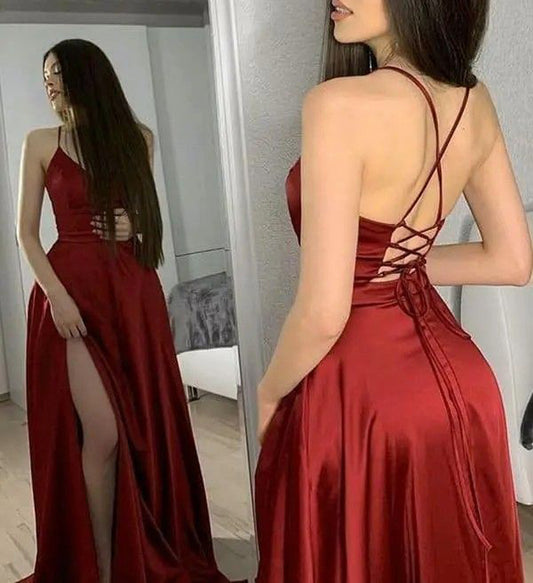 Women Satin Prom Dresses Long V-Neck Evening Gowns Side Slit Formal Party Dress YPD930