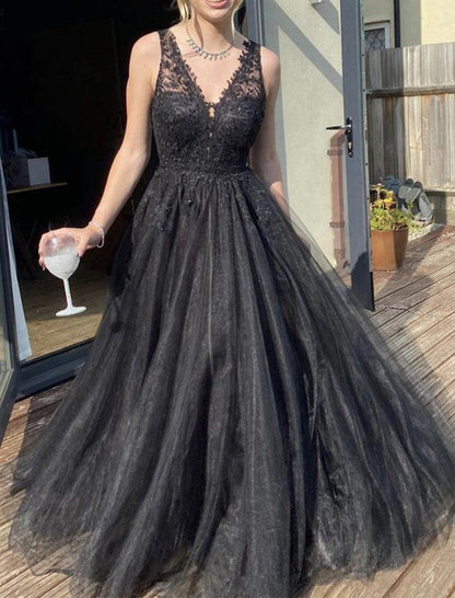 Women V-Neck Lace Formal Prom Dresses Long Appliques Evening Party Gowns YPD958