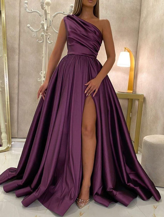Women Slit Satin Formal Prom Dresses Long One Shoulder Evening Party Gowns YPD965