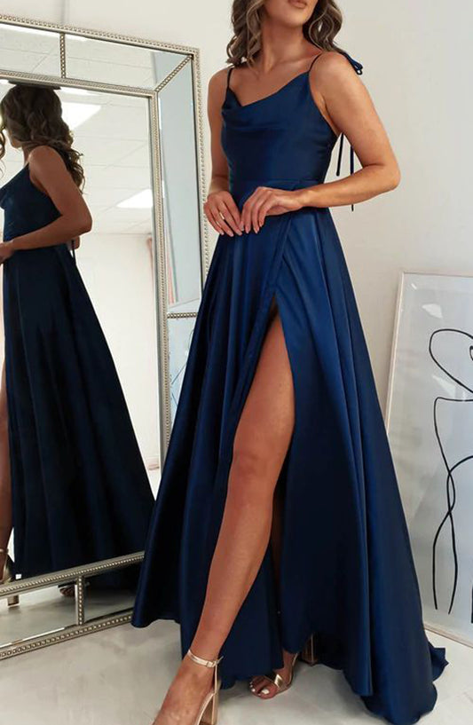 Women Satin Prom Dresses Long Side Slit Evening Gowns Sleeveless Formal Party Dress YPD901
