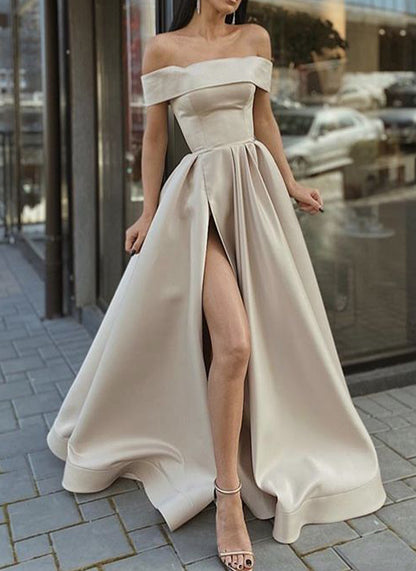 Women Slit Satin Formal Prom Dresses Long Off the Shoulder Evening Party Gowns YPD966