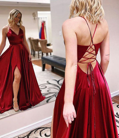 Women V-Neck Satin Formal Prom Dresses Long Side Slit Evening Party Gowns YPD935