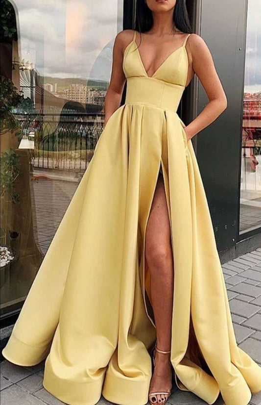 Women Slit Satin Formal Prom Dresses Long Sleeveless V-Neck Evening Party Gowns YPD977