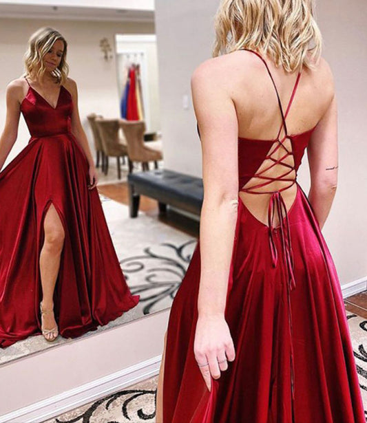 Women V-Neck Satin Formal Prom Dresses Long Side Slit Evening Party Gowns YPD935