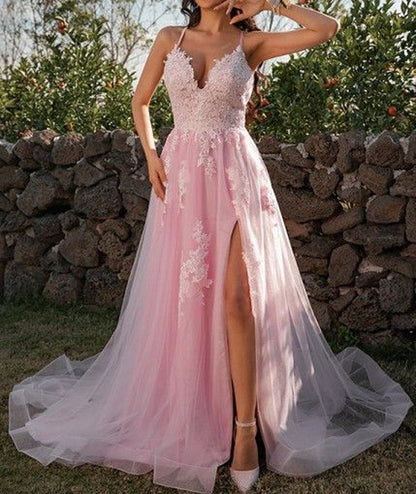 Women Slit Lace Formal Prom Dresses Long Sleeveless Appliques Evening Party Gowns YPD987