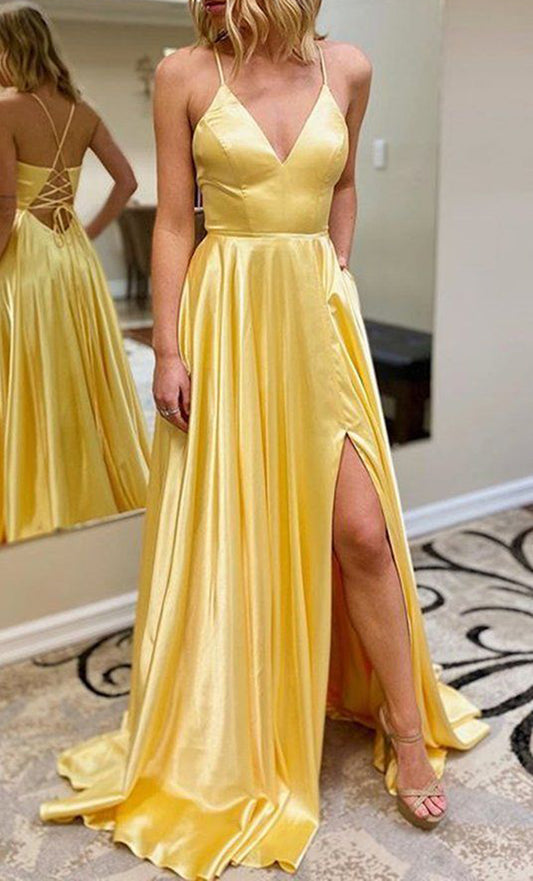 Women Slit Satin Formal Prom Dresses Long Sleeveless V-Neck Evening Party Gowns YPD978