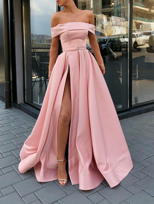 Women Slit Satin Formal Prom Dresses Long Off the Shoulder Evening Party Gowns YPD968