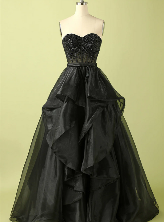 Women Black Beaded Prom Ball Gown Long Sweetheart Evening Gowns Fashion Formal Party Dress YPD734